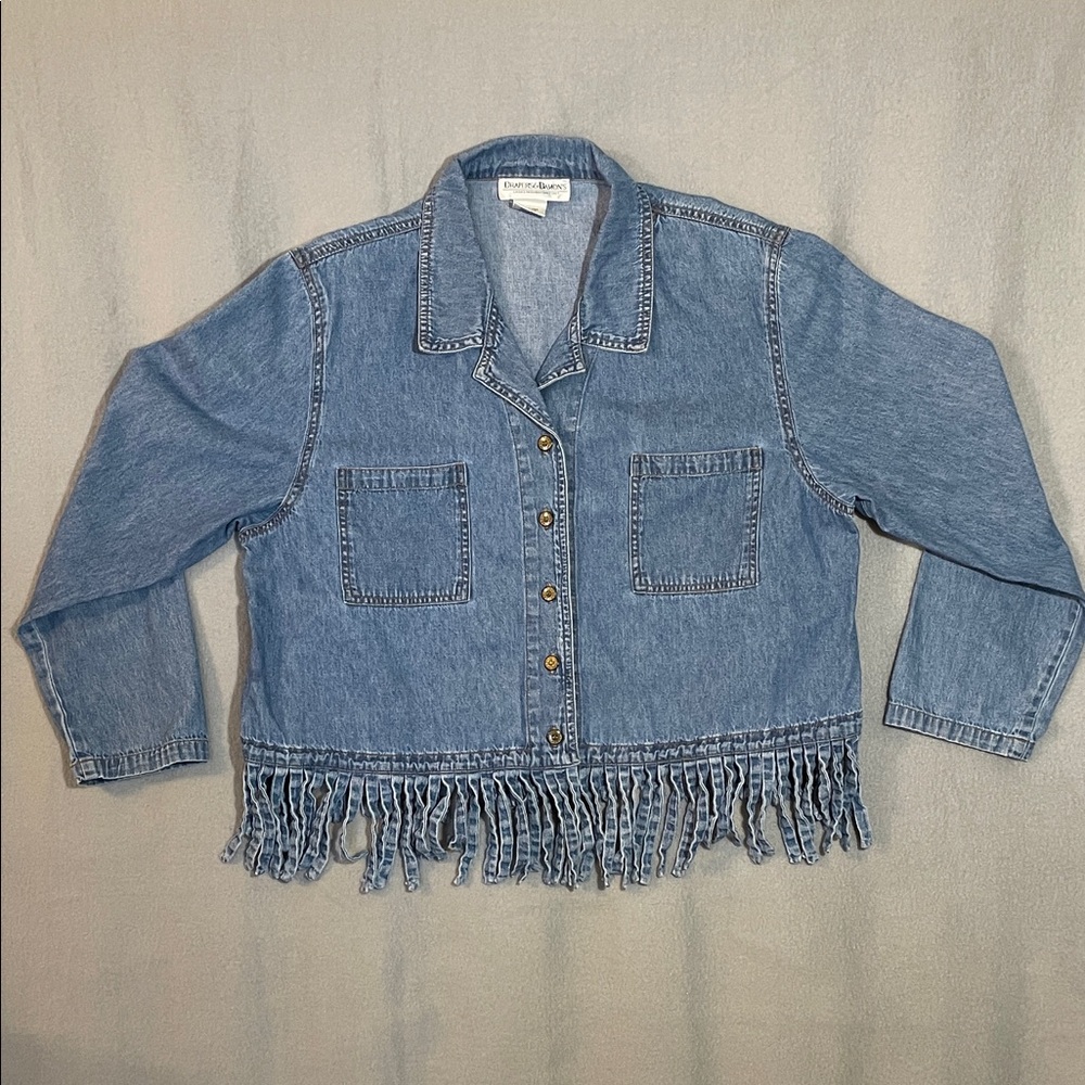 Draper’s & Damon’s Women’s L Denim Button Up Shirt Jacket Fringe Western Boho